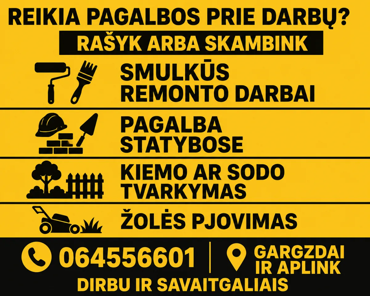 Remonto darbai, pagalba statybose, žolės pjovimas, kiemo ir sodo tvarkymas